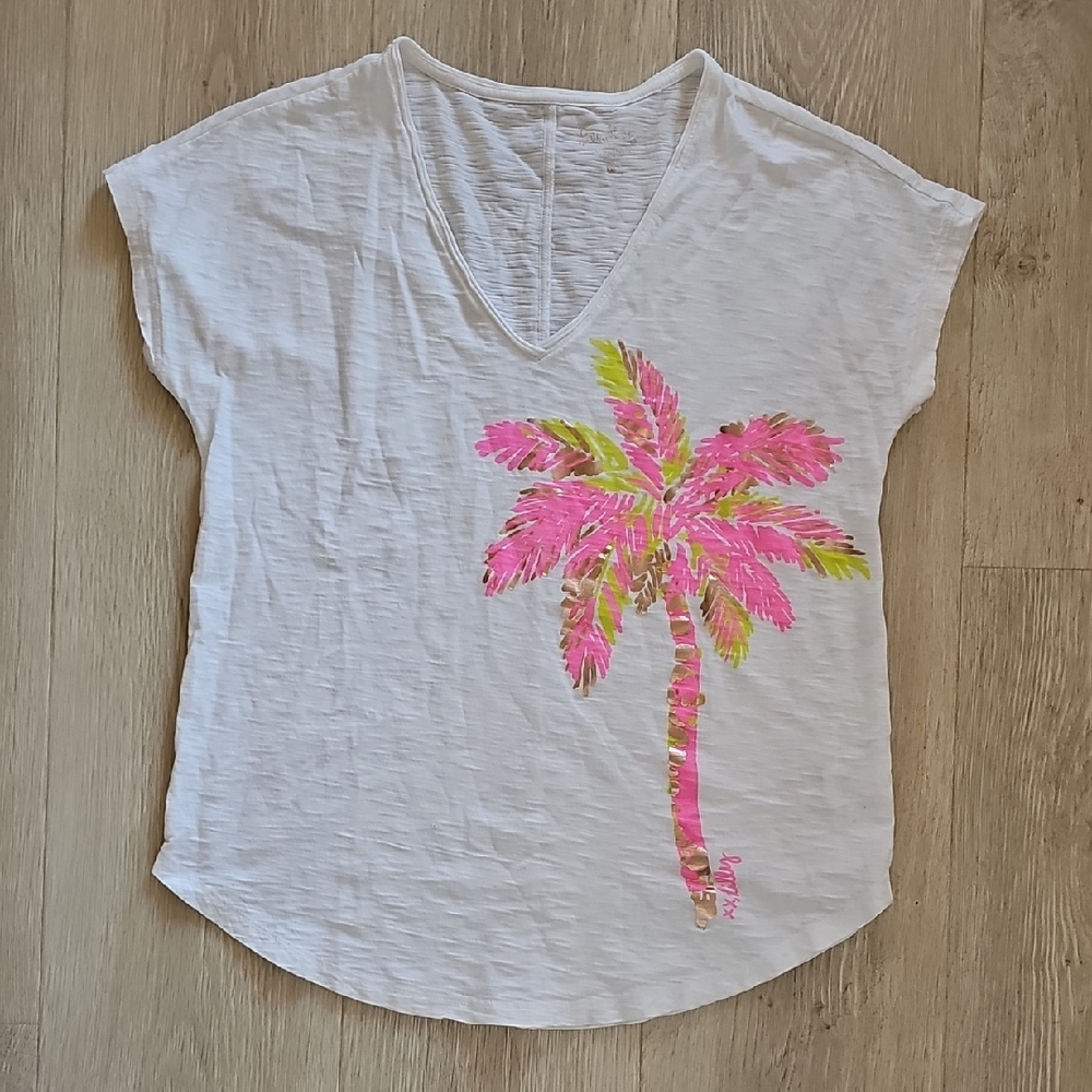 Lilly Pulitzer White Tee with Pink Palm Print